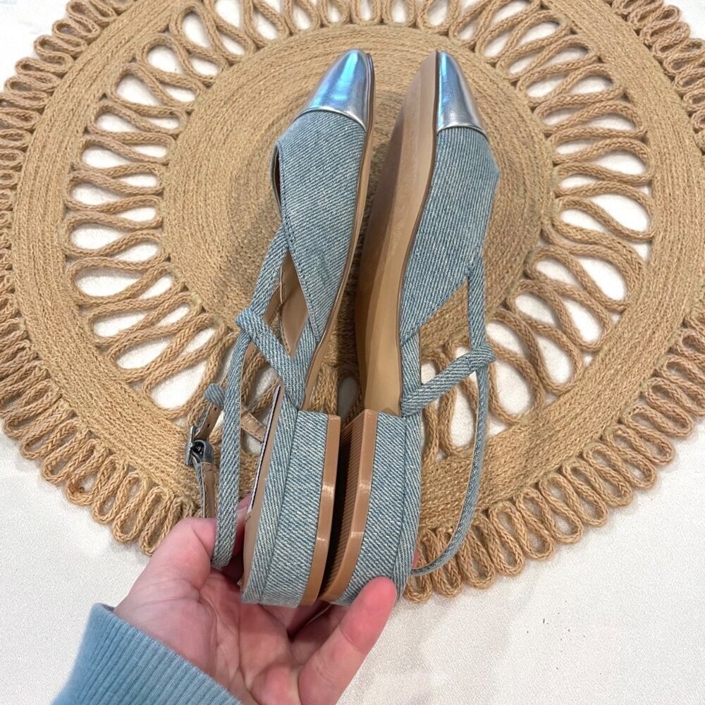 Steve Madden Belinda Adjustable Buckle Sling Back Flats Denim Silver 6 Y2K 90s - Picture 9 of 13